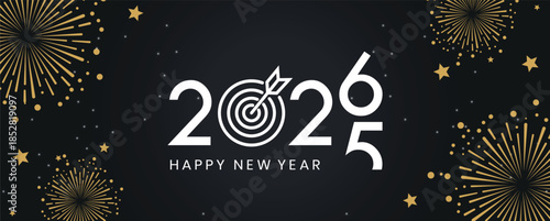 Festive black banner with bold white 2025 Happy New Year typography, surrounded by elegant golden fireworks and sparkling stars, perfect for holiday greetings, celebrations, party invitations.
