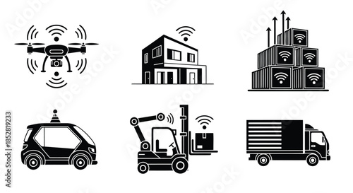 Black and white icons of modern technology and transportation with WiFi symbols vector