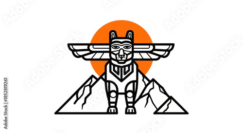 Stylized totem pole with mountains and sun against white background