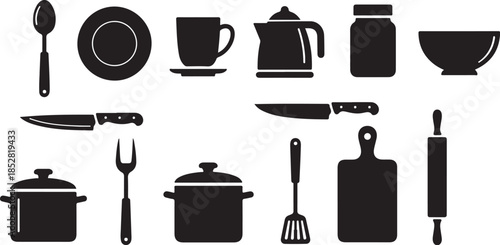 Kitchen utensil icons silhouette set