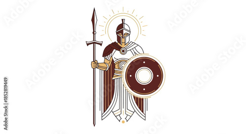 Stylized warrior illustration holding spear and shield on white background