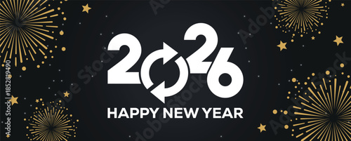 Festive black banner with bold white 2025 Happy New Year typography, surrounded by elegant golden fireworks and sparkling stars, perfect for holiday greetings, celebrations, party invitations.