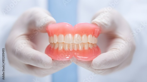 Close-up of a dentist holding a set of dentures with white gloves for dental care.