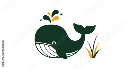 Stylized whale illustration with water spout and green elements on white