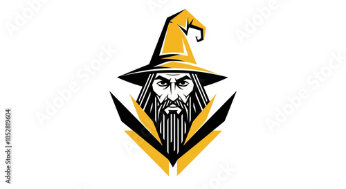 Stylized wizard illustration with a pointed hat and long beard