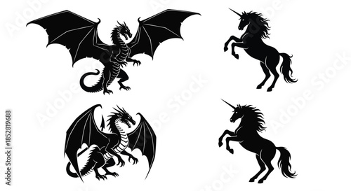 Black silhouettes of dragons and unicorns on white background vector