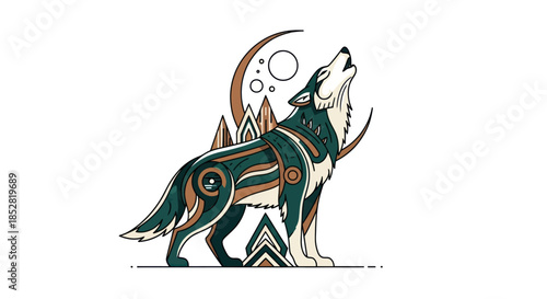 Stylized wolf howling at moon vector illustration for graphic design