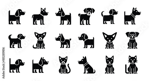 Collection of black dog and cat silhouettes on white background vector