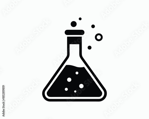 Black icon of a bubbling Erlenmeyer flask with a few bubbles on a white background Keywords: science, chemistry