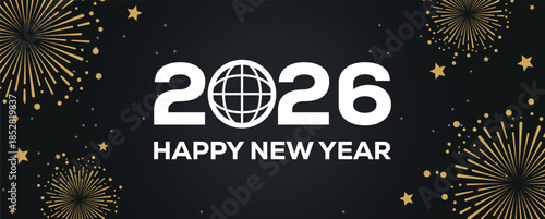 Festive black banner with bold white 2025 Happy New Year typography, surrounded by elegant golden fireworks and sparkling stars, perfect for holiday greetings, celebrations, party invitations.