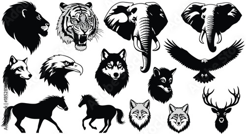 Black and white vector illustrations of various wild animal heads and bodies on white background