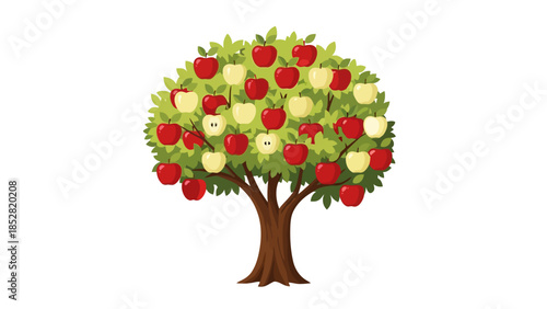 An apple tree with red and yellow apples and green leaves