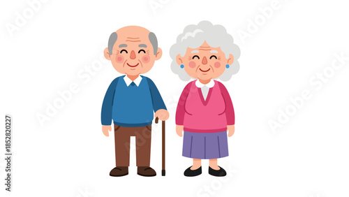 An elderly couple a man with a cane and a woman with wavy hair both smiling