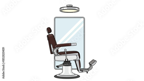 Barber chair in front of a mirror with a lamp overhead