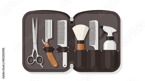 Barber kit with tools including scissors razor combs brush and spray bottle