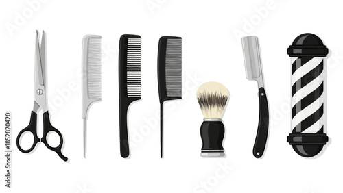Barber shop tools including scissors combs brush razor and pole