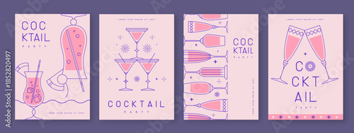 Set of line art holiday cocktail party posters with cocktail and champagne glasses. Restaurant menu design. Vector illustration