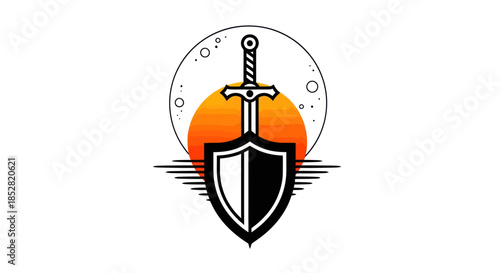 Symbolic sword and shield silhouette against sunset with celestial elements