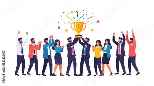 Business team celebrating with a trophy and confetti