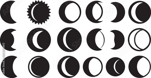 Black and white moon phase icons set