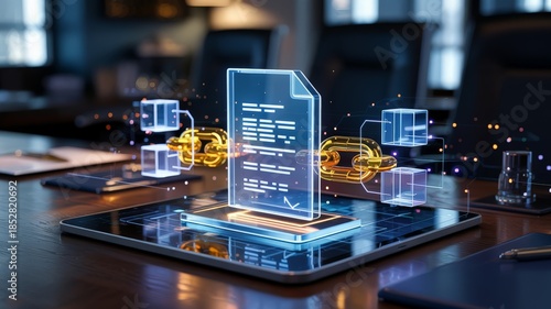 Digital smart contract document with blockchain links on tablet
