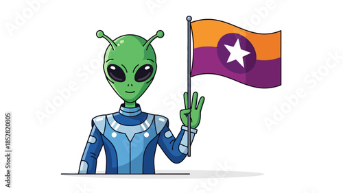 Cartoon alien in a spacesuit holds a flag with a star