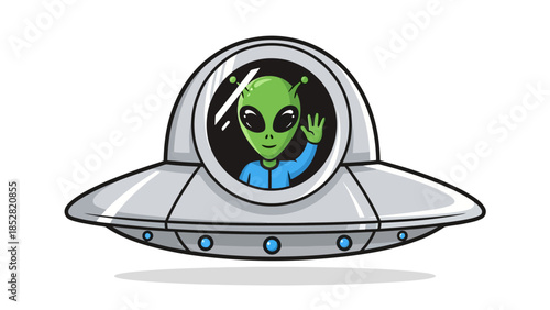 Cartoon alien waving from a silver flying saucer