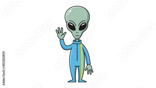 Cartoon alien waving wearing a blue jumpsuit