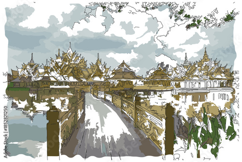 The architecture of temples in the middle of lakes in Thailand.