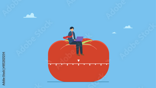 Smart businessman focus on working with laptop computer sitting on Pomodoro tomato timer stopwatch. Pomodoro technique to increase work productivity, set timer to focus work and break or rest.