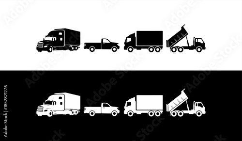 Various trucks and vehicles in black and white silhouette