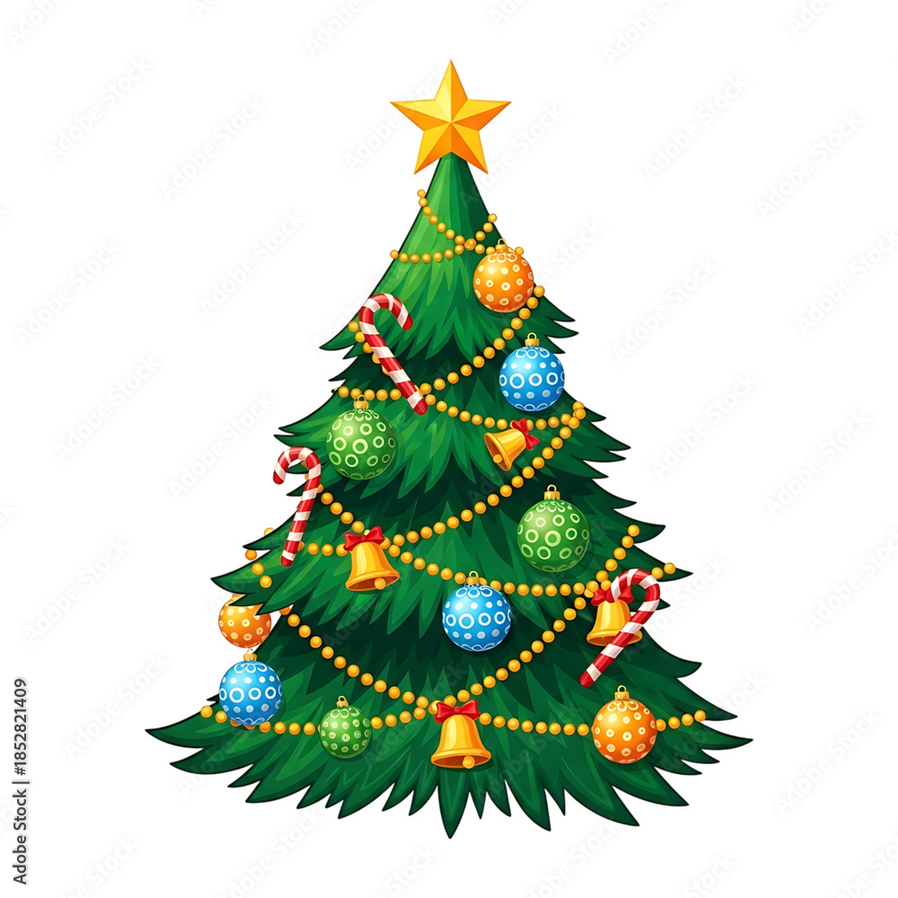 Fototapeta premium Festive Decorated Christmas Tree with Star and Ornaments