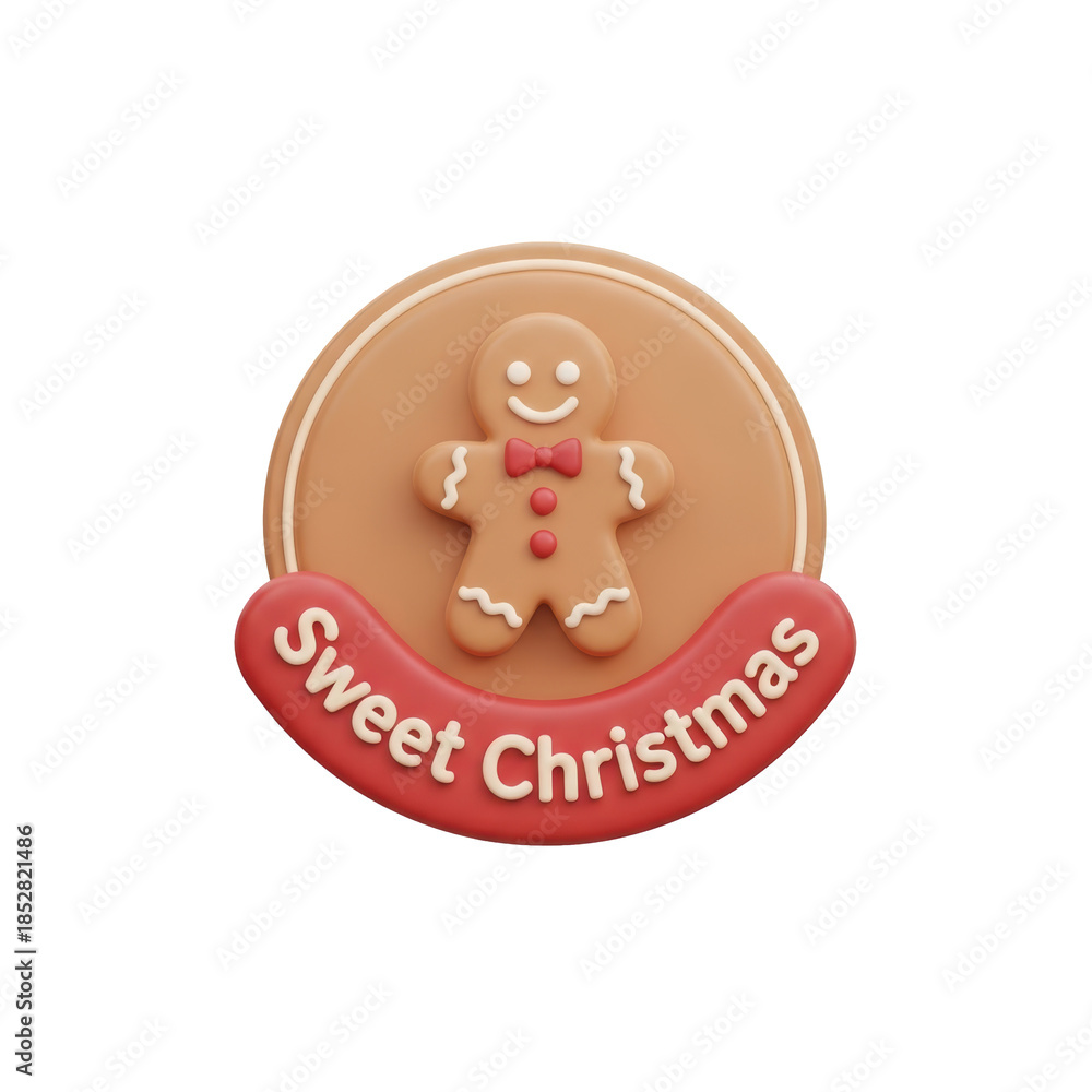 Fototapeta premium A gingerbread man cookie with a red bow on a round cookie with Sweet Christmas written on it