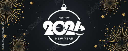 Festive black banner with bold white 2025 Happy New Year typography, surrounded by elegant golden fireworks and sparkling stars, perfect for holiday greetings, celebrations, party invitations.