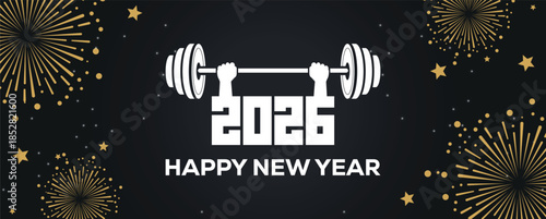 Festive black banner with bold white 2025 Happy New Year typography, surrounded by elegant golden fireworks and sparkling stars, perfect for holiday greetings, celebrations, party invitations.