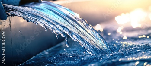 Wallpaper Mural Close-up of clear blue water flowing into a shimmering pool, illuminated by golden sunlight and bokeh effects. Torontodigital.ca