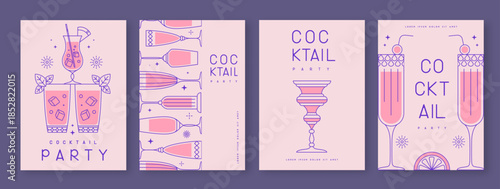 Set of line art holiday cocktail party posters with cocktail and champagne glasses. Restaurant menu design. Vector illustration