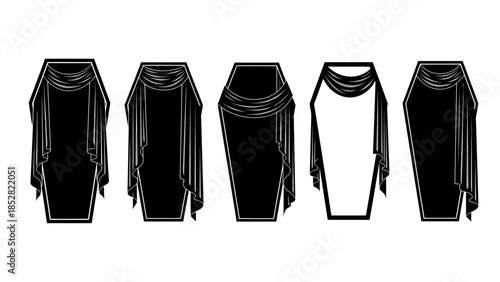 Collection of Five Black Coffins with Draped Fabric.