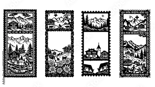 Alpine Village Scenery Paper Cutouts.