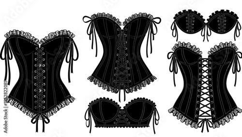 Black Victorian Corset Designs with Lace and Ribbons.