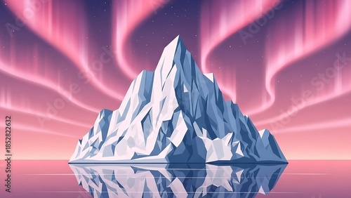 Iceberg floating in serene pink water.