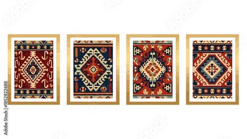 Four Framed Persian Rugs with Intricate Geometric Patterns.