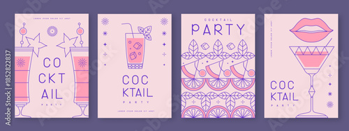 Set of line art holiday cocktail party posters with cocktail and champagne glasses. Restaurant menu design. Vector illustration