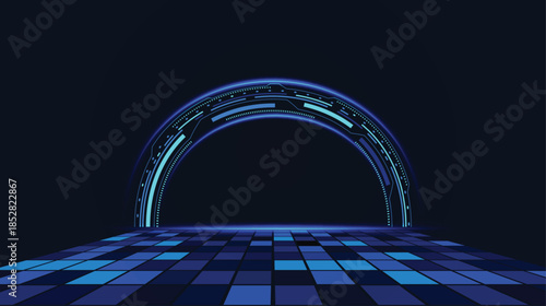 Futuristic cube technology background with glowing digital arch and grid floor