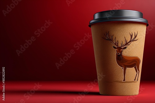 Christmas-themed coffee cup with reindeer illustration enhances seasonal beverage enjoyment. Copy space.