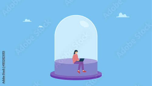 Introvert woman working alone with computer laptop covered inside glass dome. Introvert working space, privacy to work individual, employee work productively when working alone.