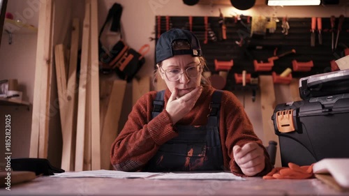 Stressed female carpenter feeling frustrated while reading financial documents and bankruptcy notice in workshop