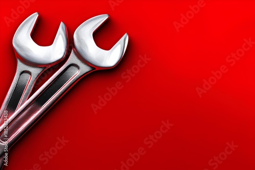 Silver wrench and screwdriver positioned diagonally against a vibrant red background, showcasing the tools' polished surfaces and reflecting light, ideal for automotive or mechanical themes