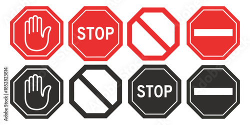 Red STOP sign icons collection, including hand symbols, warning signs, attention indicators, prohibition alerts, danger symbols, do not enter signs, suitable for safety visuals, traffic design