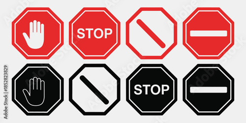 Red STOP sign icon set, featuring signs with hand and stop symbols, perfect for warning, attention, prohibition, danger alerts, road safety, do not enter, and traffic vector illustrations